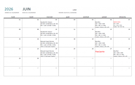 Calendrier prévisionnel cours Juin 2026